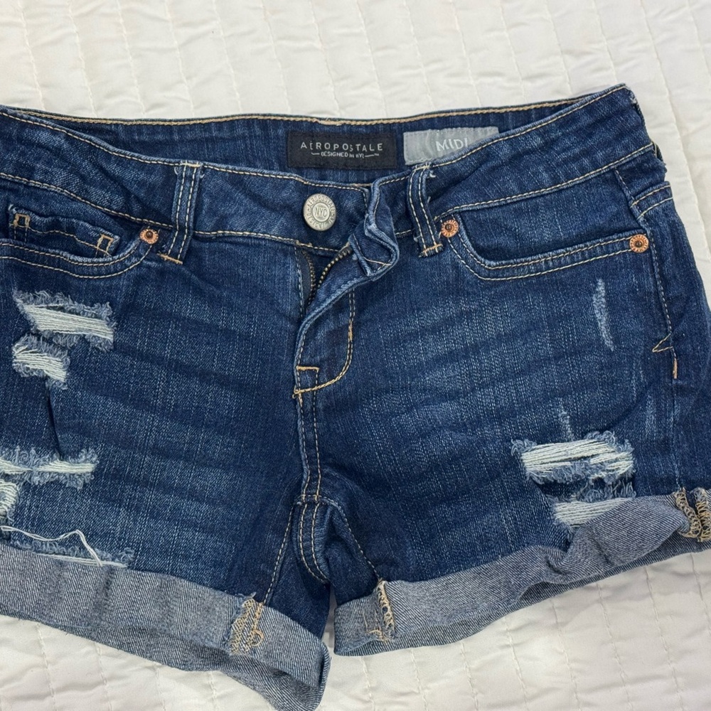 Aeropostale Women's Dark Blue Distressed Jean Shorts